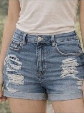 American Eagle Distressed Curvy Hi-Rise Shortie Festival Denim Shorts 0